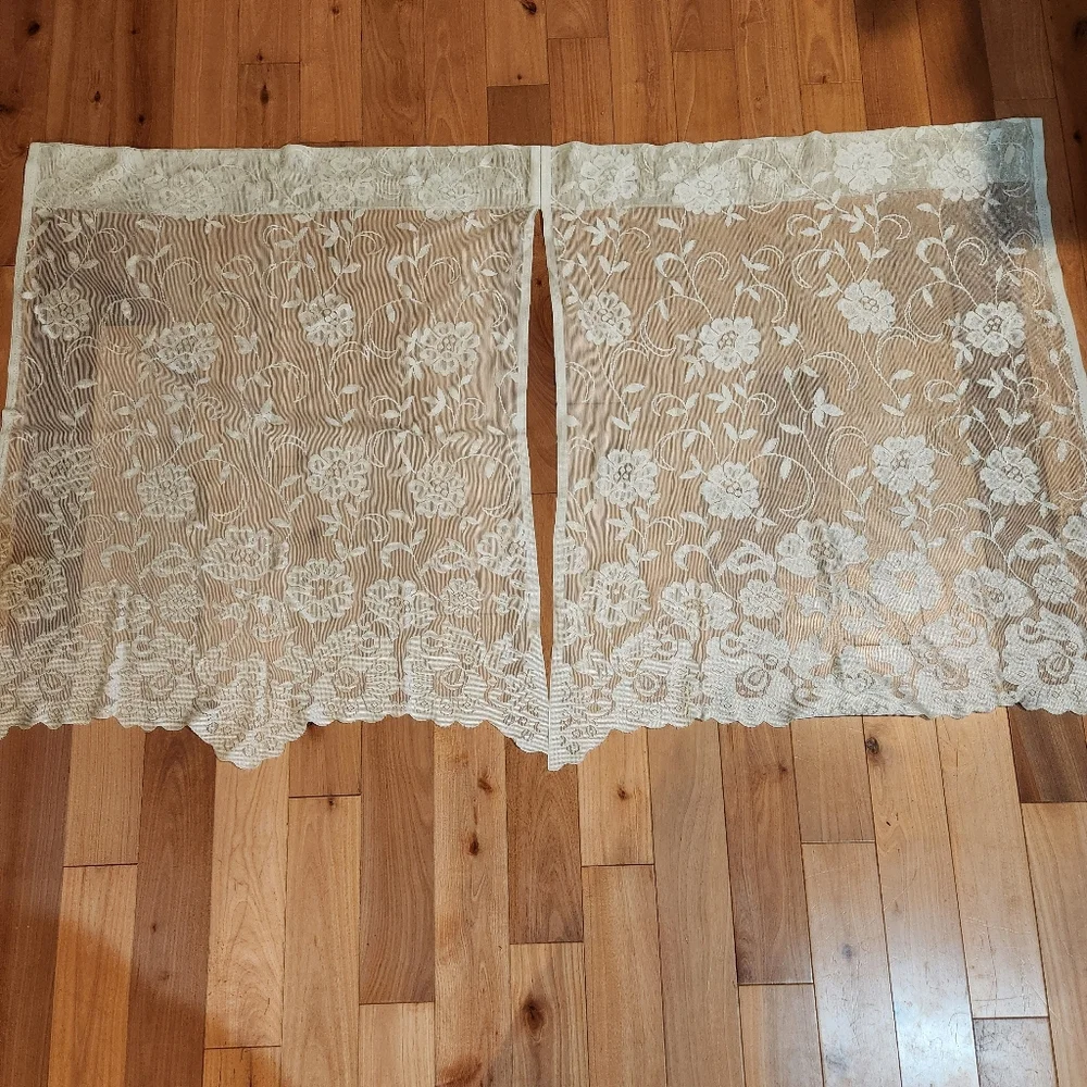 Vintage White Lace Curtain Panel Floral Sheer 57” x 34” Cottage Core. Set Of 3